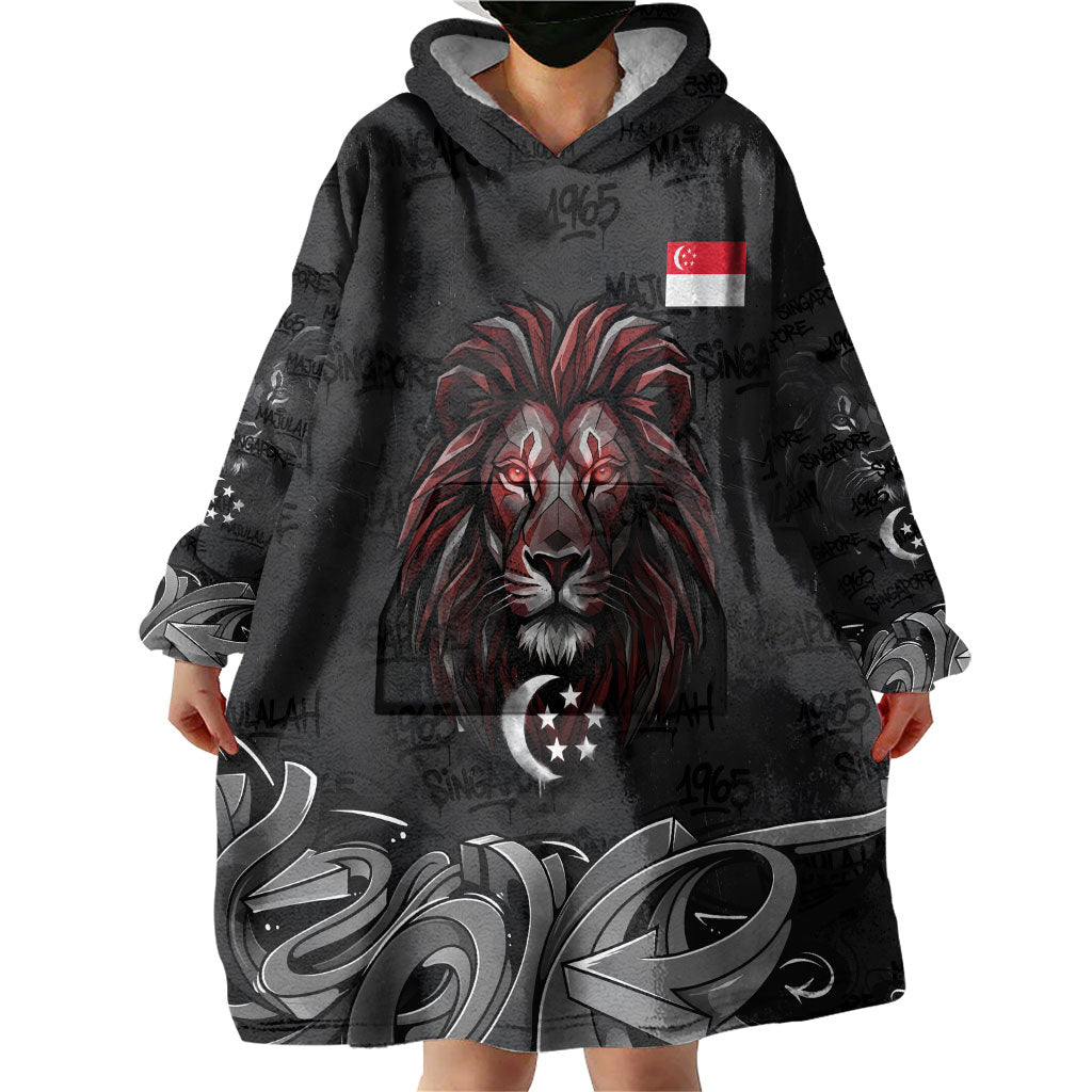 Singapore National Flag Day Wearable Blanket Hoodie Lion Tiger Coat Of Arms Grunge Graffiti