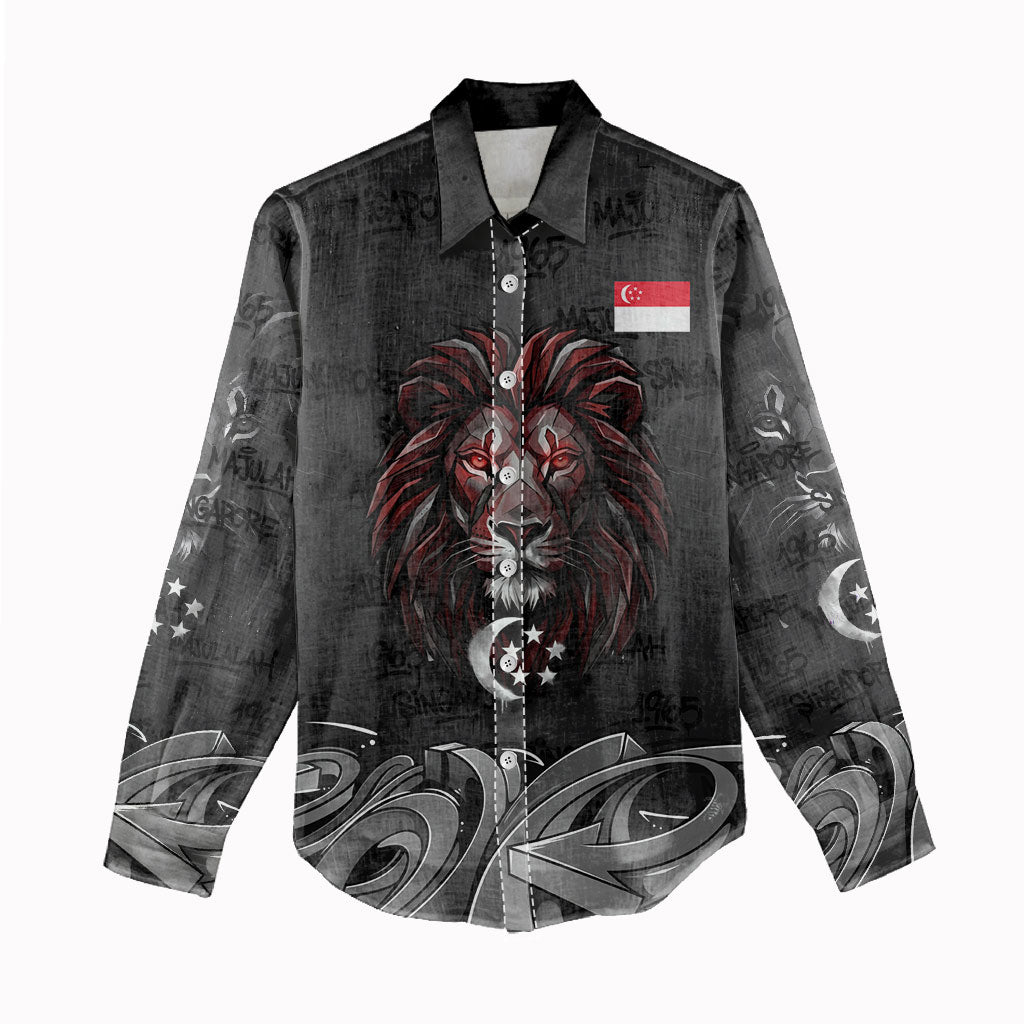 Singapore National Flag Day Women Casual Shirt Lion Tiger Coat Of Arms Grunge Graffiti