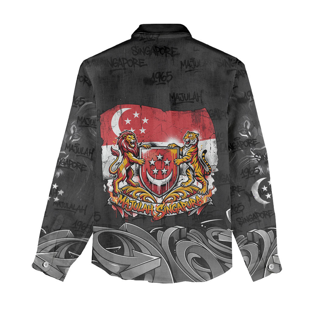 Singapore National Flag Day Women Casual Shirt Lion Tiger Coat Of Arms Grunge Graffiti