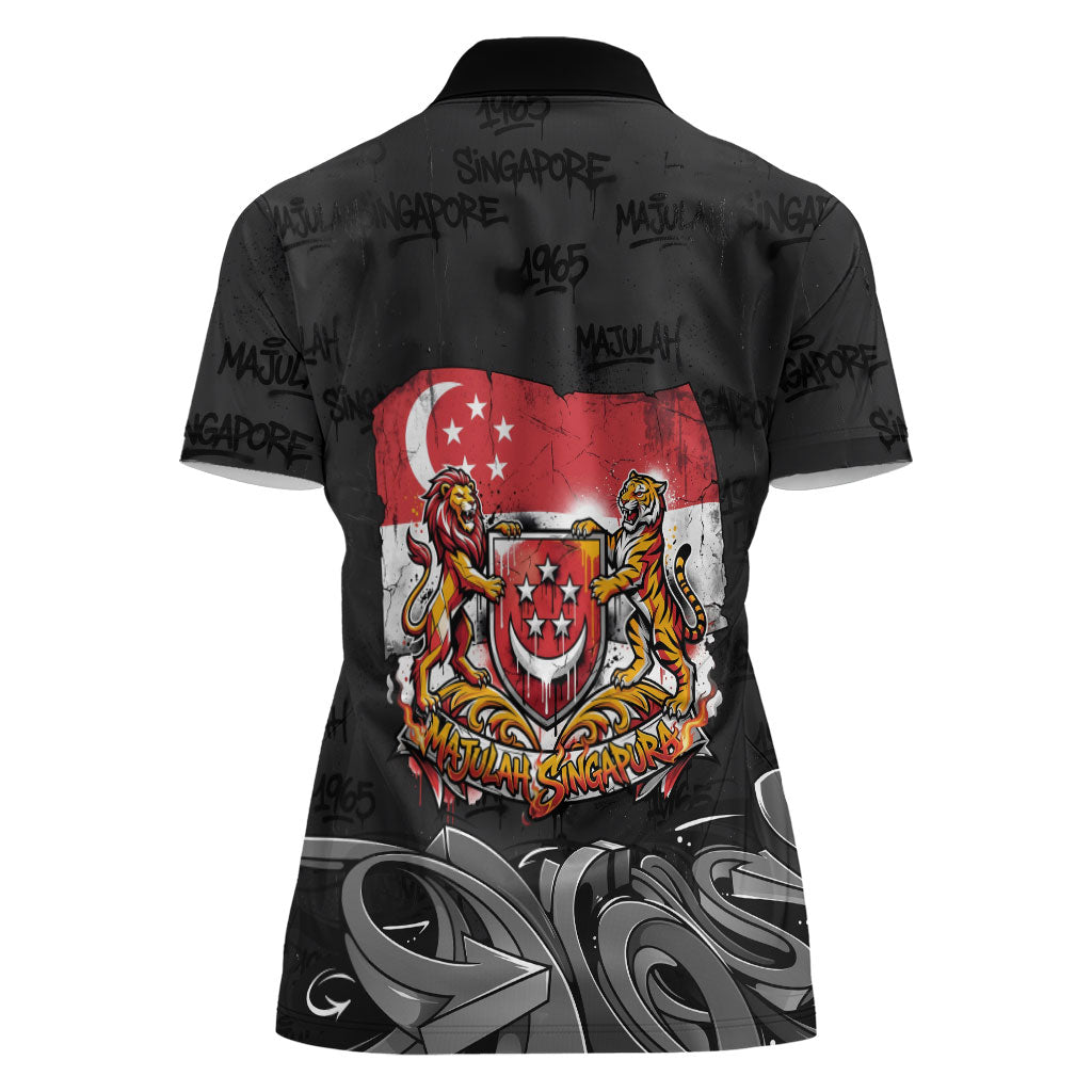 Singapore National Flag Day Women Polo Shirt Lion Tiger Coat Of Arms Grunge Graffiti