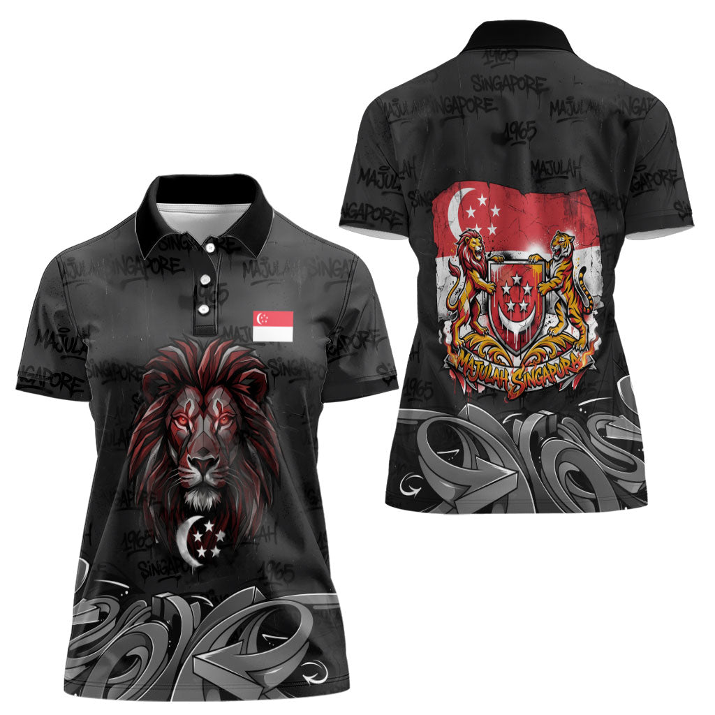 Singapore National Flag Day Women Polo Shirt Lion Tiger Coat Of Arms Grunge Graffiti