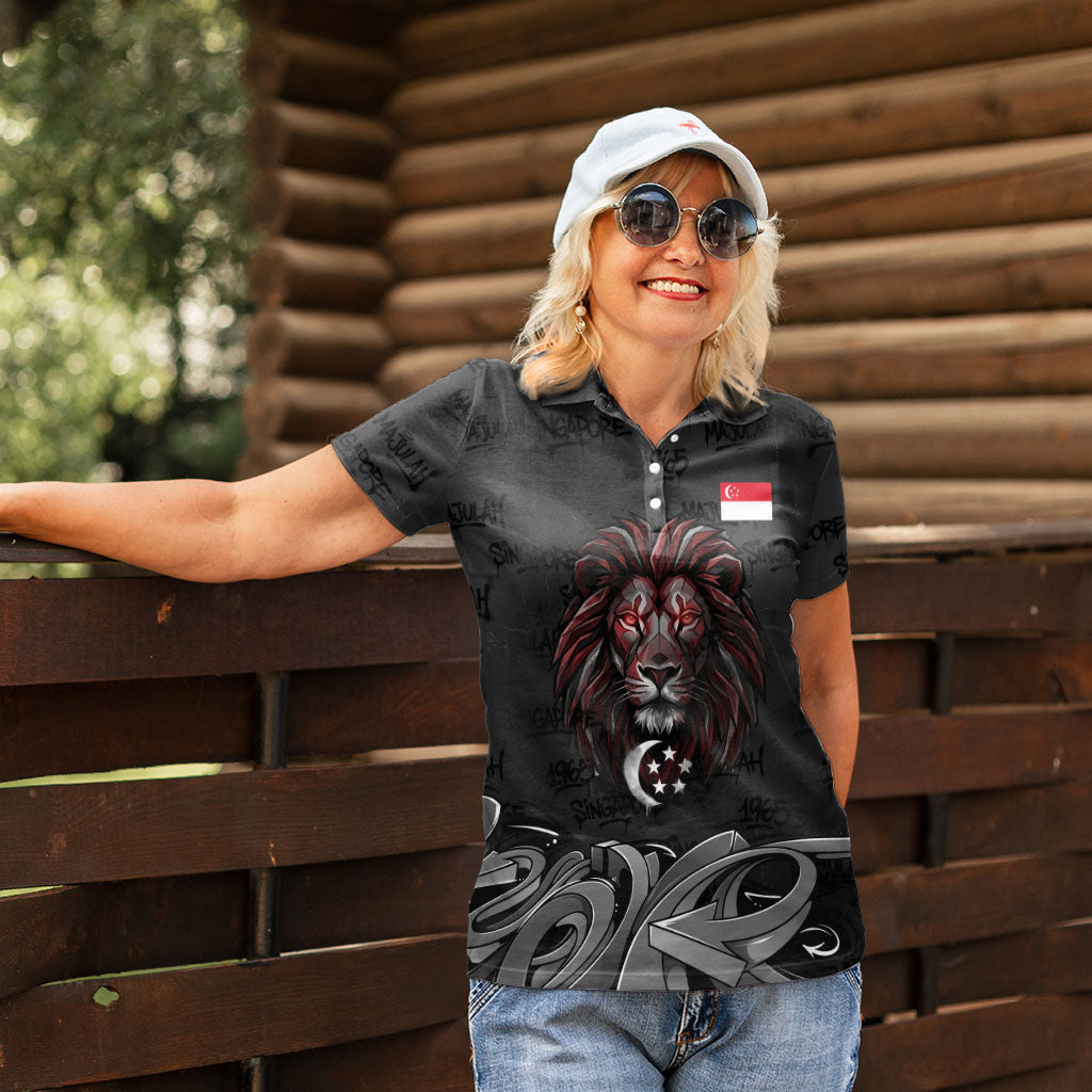 Singapore National Flag Day Women Polo Shirt Lion Tiger Coat Of Arms Grunge Graffiti