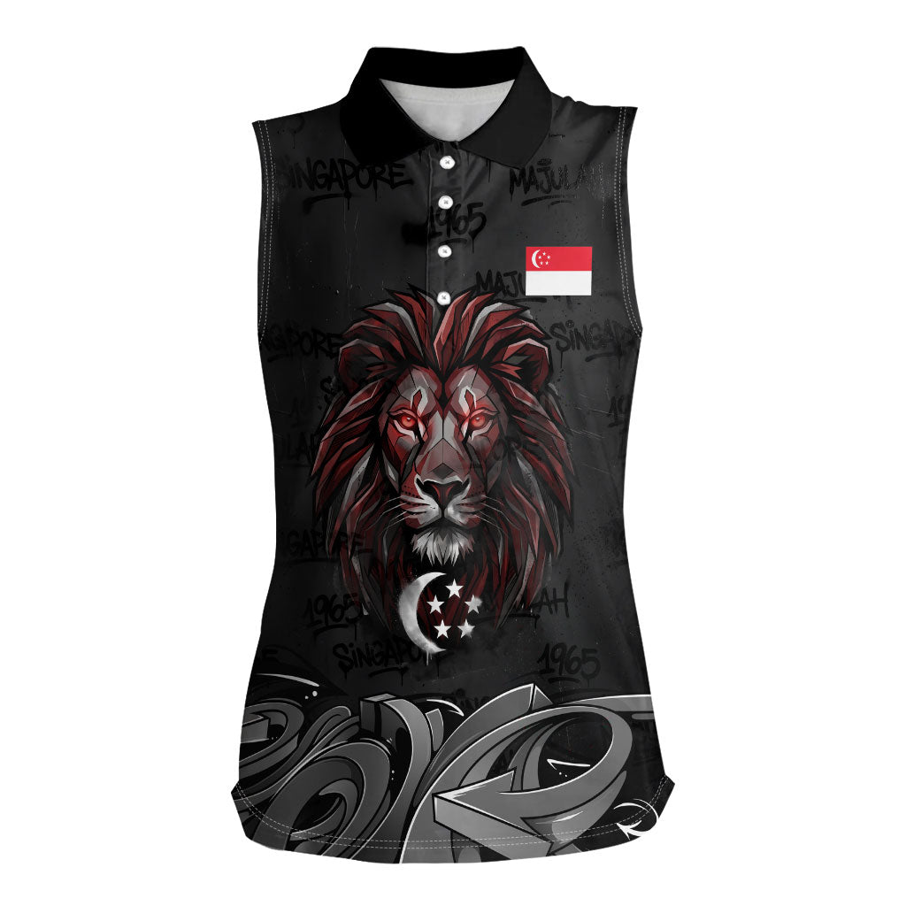 Singapore National Flag Day Women Sleeveless Polo Shirt Lion Tiger Coat Of Arms Grunge Graffiti
