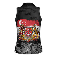 Singapore National Flag Day Women Sleeveless Polo Shirt Lion Tiger Coat Of Arms Grunge Graffiti