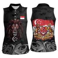 Singapore National Flag Day Women Sleeveless Polo Shirt Lion Tiger Coat Of Arms Grunge Graffiti