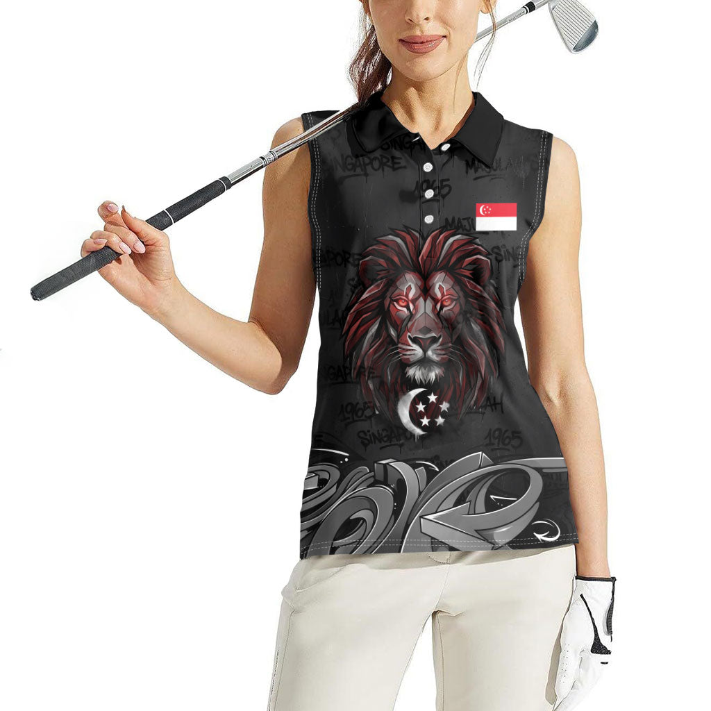 Singapore National Flag Day Women Sleeveless Polo Shirt Lion Tiger Coat Of Arms Grunge Graffiti