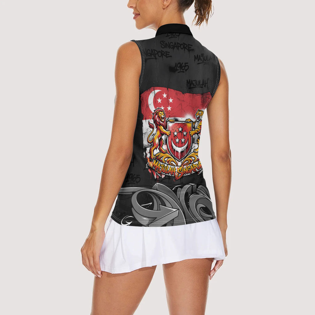 Singapore National Flag Day Women Sleeveless Polo Shirt Lion Tiger Coat Of Arms Grunge Graffiti