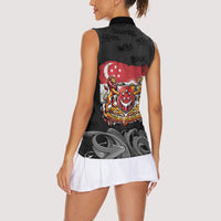 Singapore National Flag Day Women Sleeveless Polo Shirt Lion Tiger Coat Of Arms Grunge Graffiti