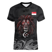 Singapore National Flag Day Women V-Neck T-Shirt Lion Tiger Coat Of Arms Grunge Graffiti