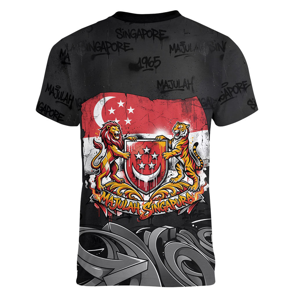 Singapore National Flag Day Women V-Neck T-Shirt Lion Tiger Coat Of Arms Grunge Graffiti