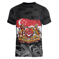 Singapore National Flag Day Women V-Neck T-Shirt Lion Tiger Coat Of Arms Grunge Graffiti