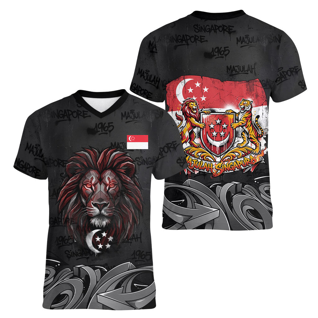 Singapore National Flag Day Women V-Neck T-Shirt Lion Tiger Coat Of Arms Grunge Graffiti