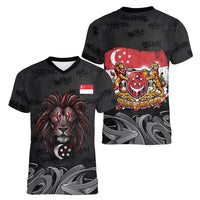 Singapore National Flag Day Women V-Neck T-Shirt Lion Tiger Coat Of Arms Grunge Graffiti