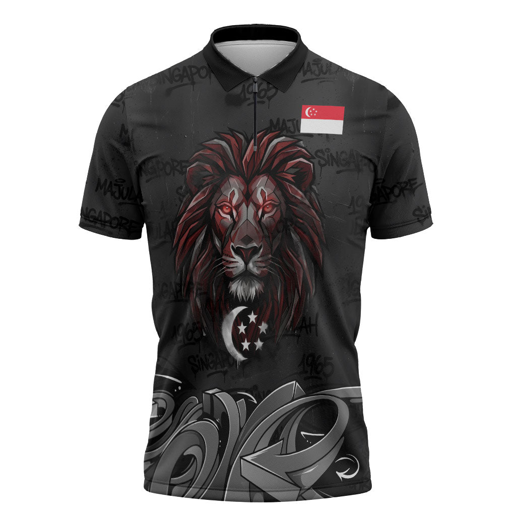 Singapore National Flag Day Zipper Polo Shirt Lion Tiger Coat Of Arms Grunge Graffiti