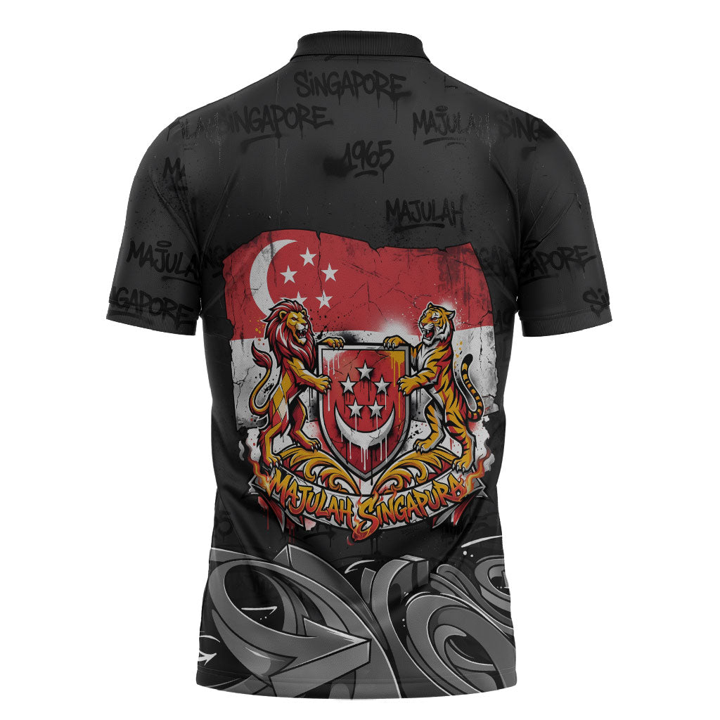 Singapore National Flag Day Zipper Polo Shirt Lion Tiger Coat Of Arms Grunge Graffiti