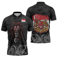 Singapore National Flag Day Zipper Polo Shirt Lion Tiger Coat Of Arms Grunge Graffiti