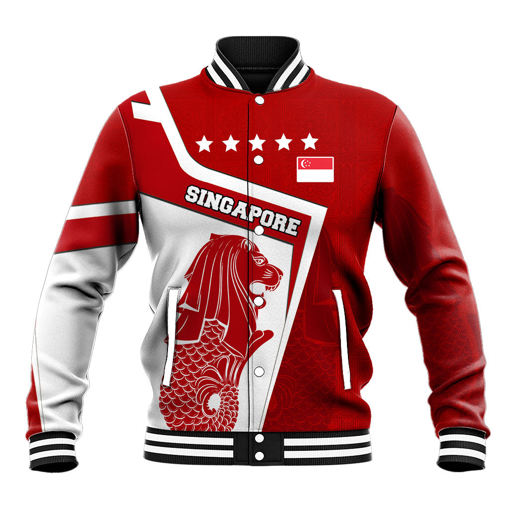 Singapore Merlion Baseball Jacket National Flag Day Patriotic Crescent Moon And Stars