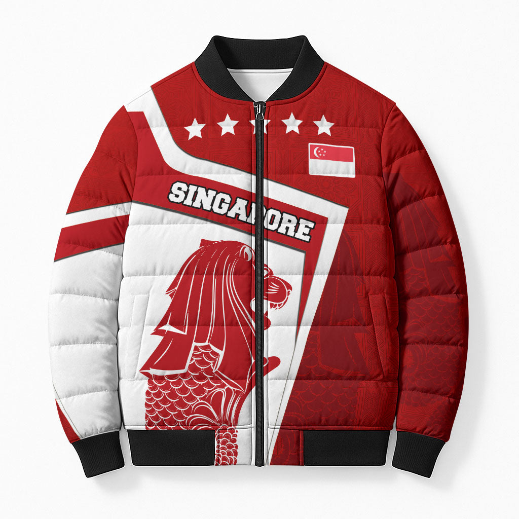 Singapore Merlion Bomber Puffer Jacket National Flag Day Patriotic Crescent Moon And Stars