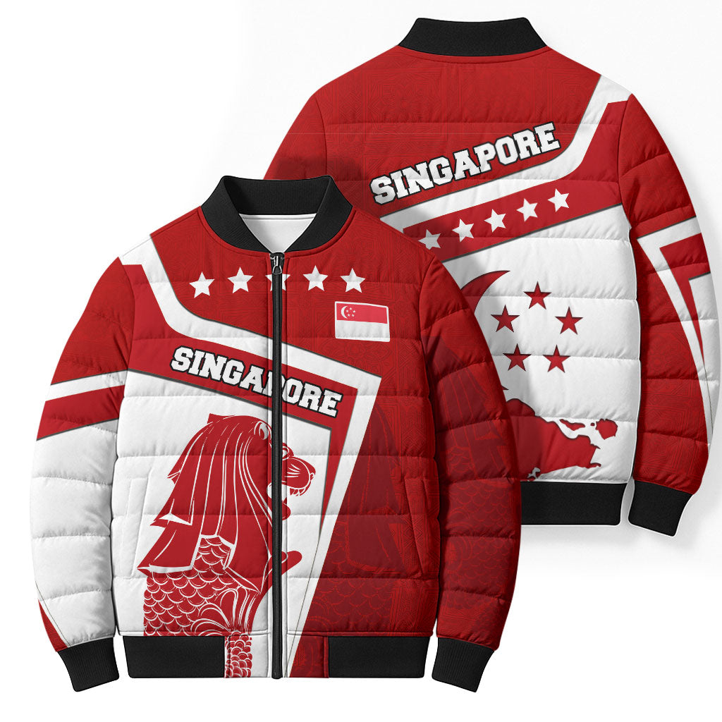 Singapore Merlion Bomber Puffer Jacket National Flag Day Patriotic Crescent Moon And Stars