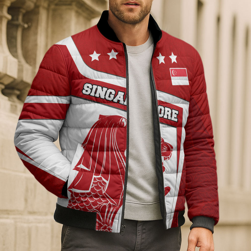 Singapore Merlion Bomber Puffer Jacket National Flag Day Patriotic Crescent Moon And Stars