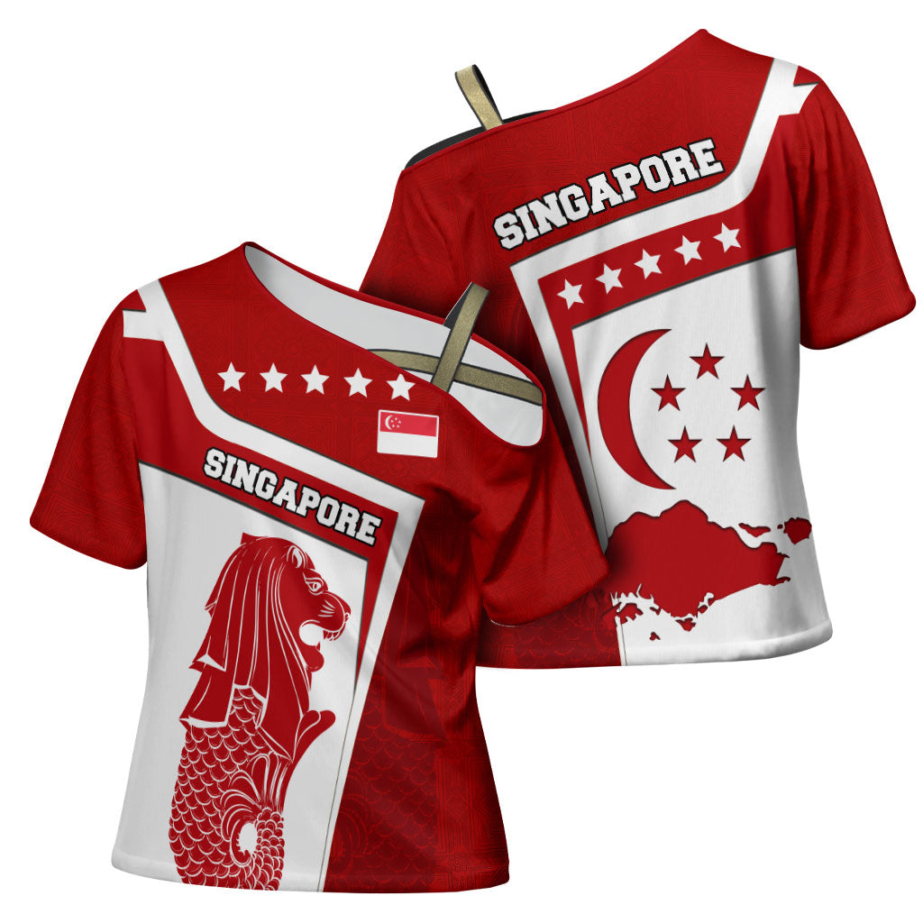 Singapore Merlion Cross Shoulder Shirt National Flag Day Patriotic Crescent Moon And Stars