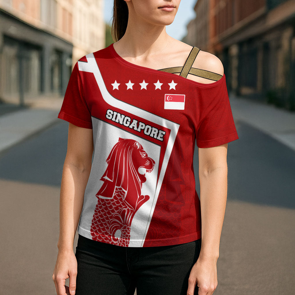 Singapore Merlion Cross Shoulder Shirt National Flag Day Patriotic Crescent Moon And Stars