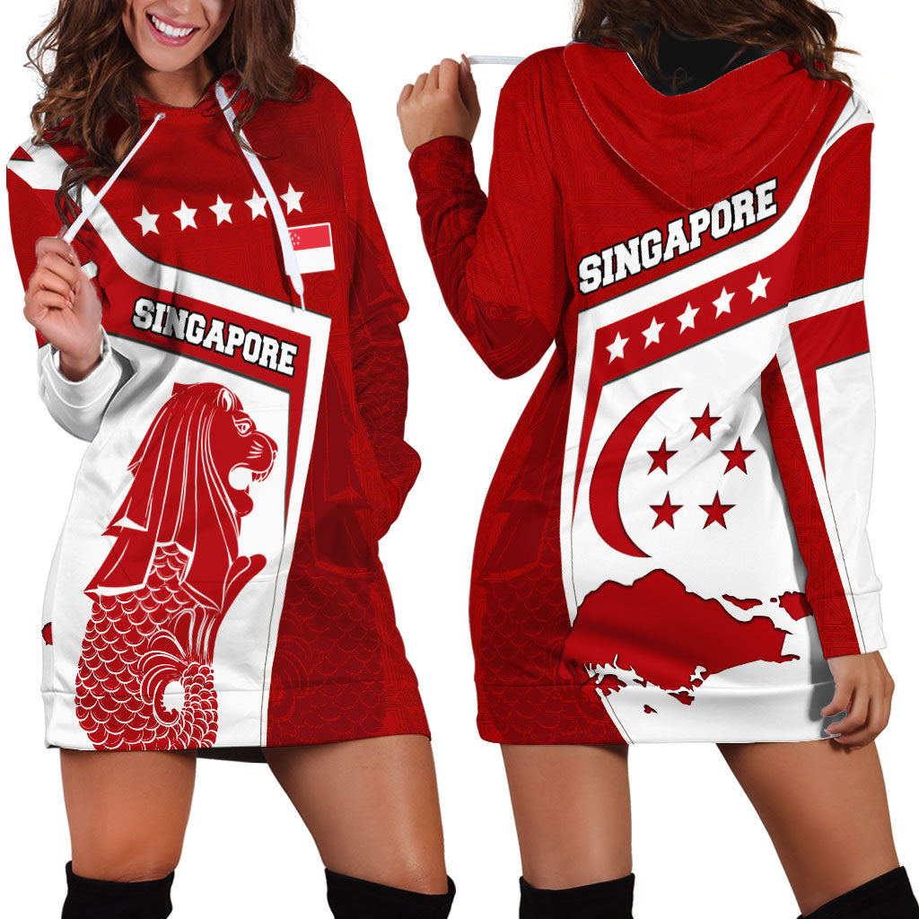 Singapore Merlion Hoodie Dress National Flag Day Patriotic Crescent Moon And Stars