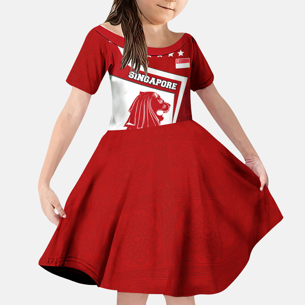 Singapore Merlion Kid Short Sleeve Dress National Flag Day Patriotic Crescent Moon And Stars