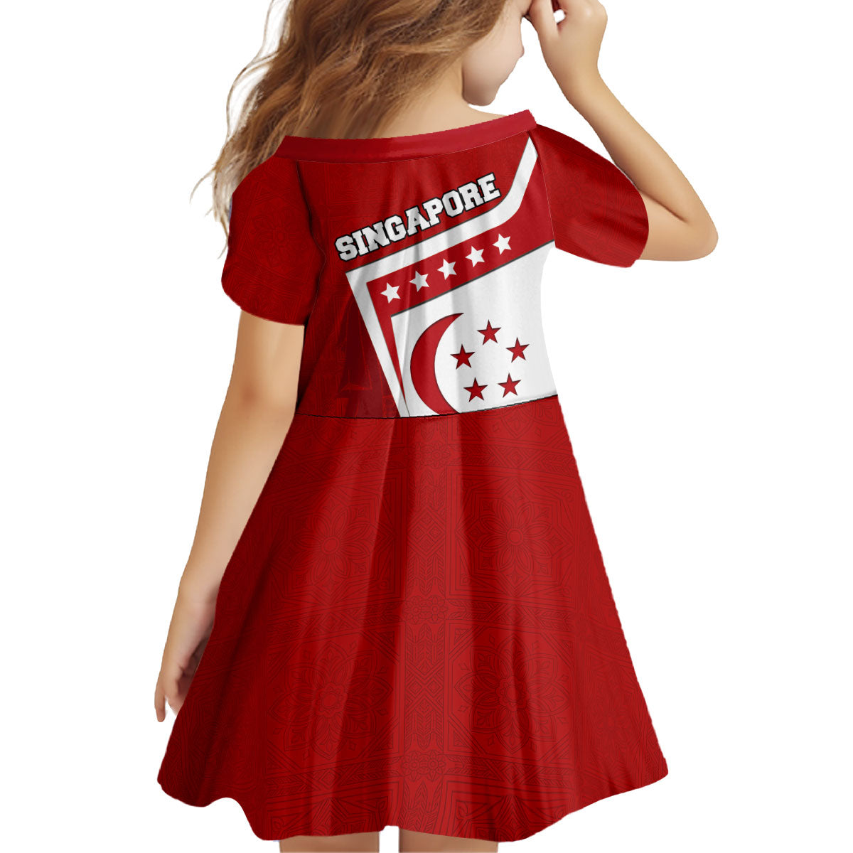 Singapore Merlion Kid Short Sleeve Dress National Flag Day Patriotic Crescent Moon And Stars