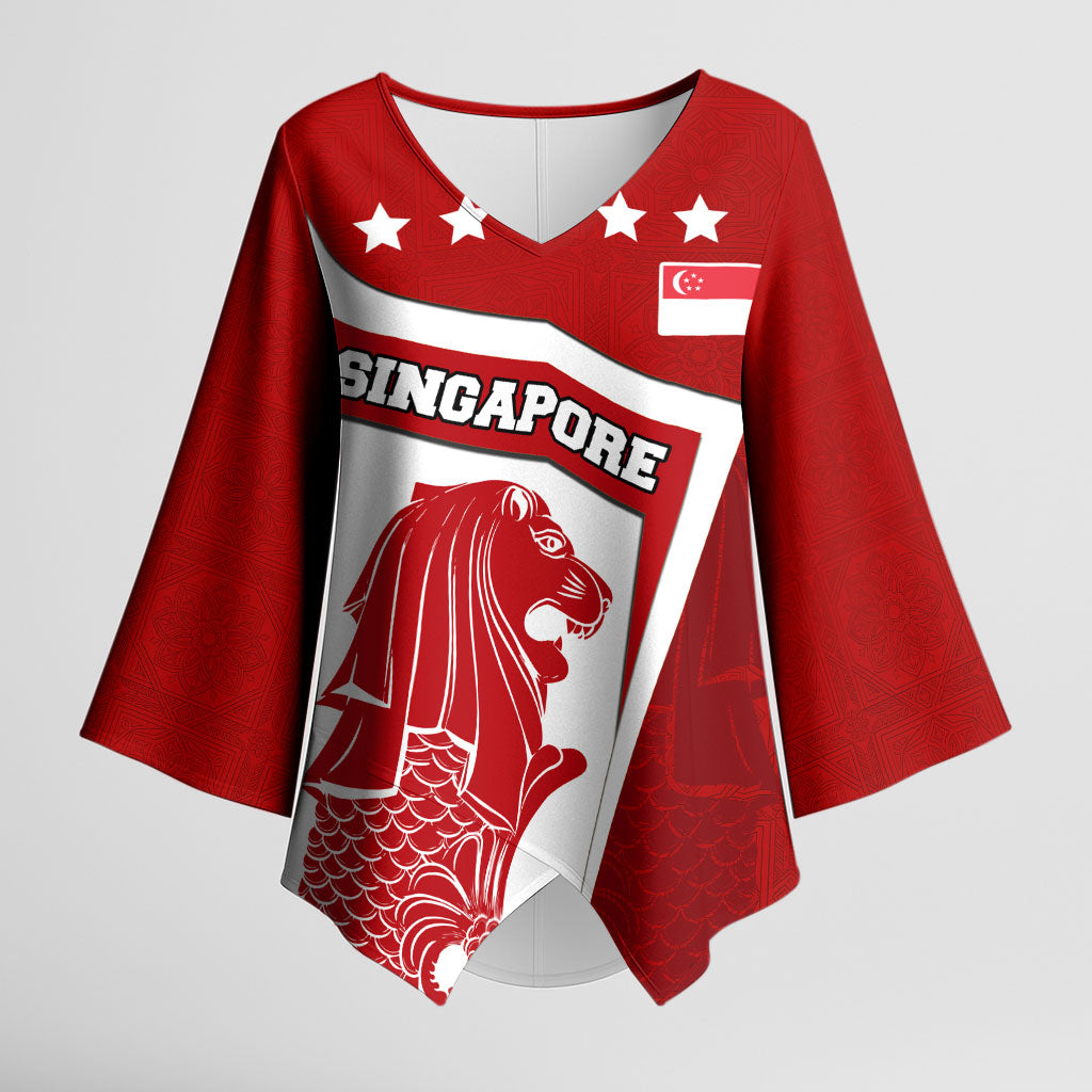 Singapore Merlion Kimono Sleeve Blouse National Flag Day Patriotic Crescent Moon And Stars