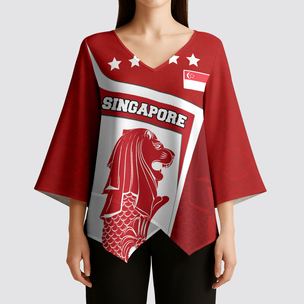 Singapore Merlion Kimono Sleeve Blouse National Flag Day Patriotic Crescent Moon And Stars