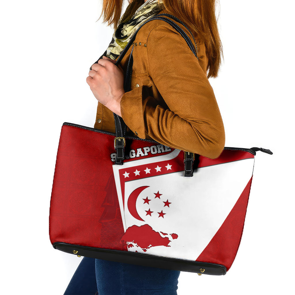 Singapore Merlion Leather Tote Bag National Flag Day Patriotic Crescent Moon And Stars