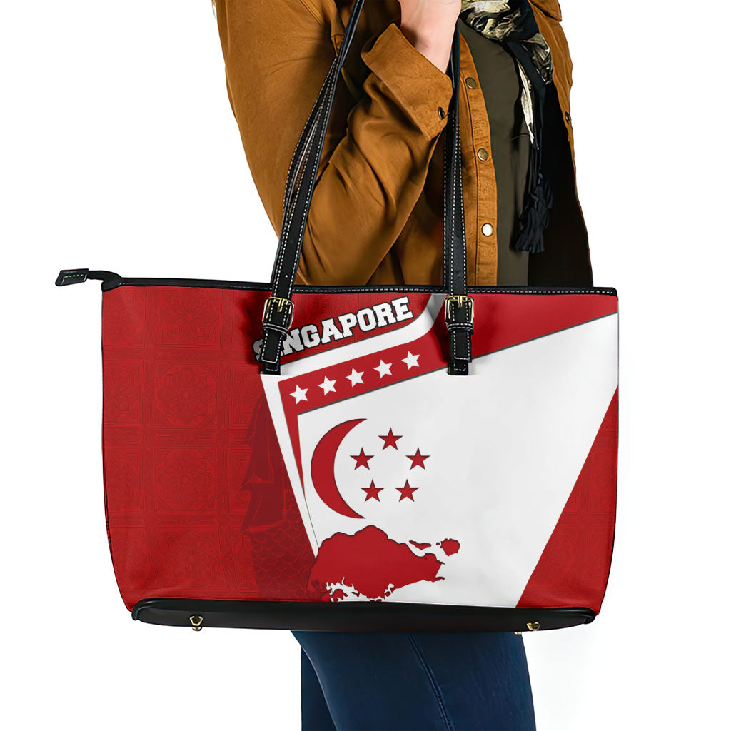 Singapore Merlion Leather Tote Bag National Flag Day Patriotic Crescent Moon And Stars