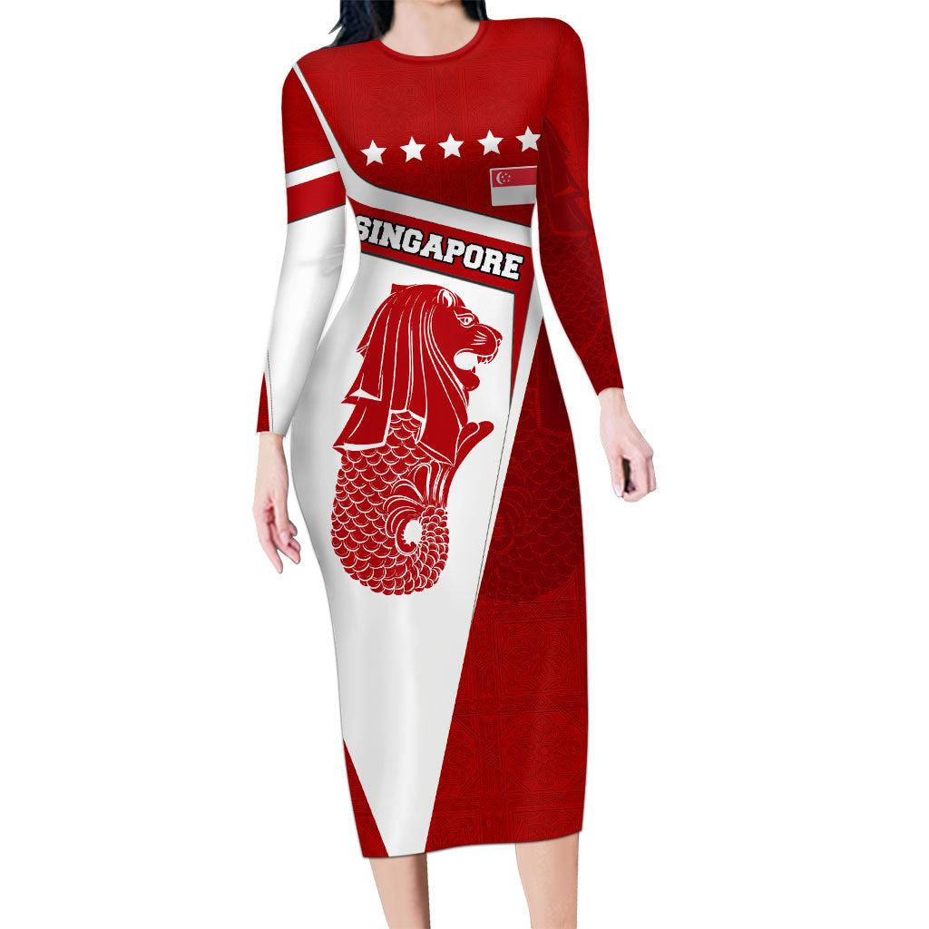 Singapore Merlion Long Sleeve Bodycon Dress National Flag Day Patriotic Crescent Moon And Stars