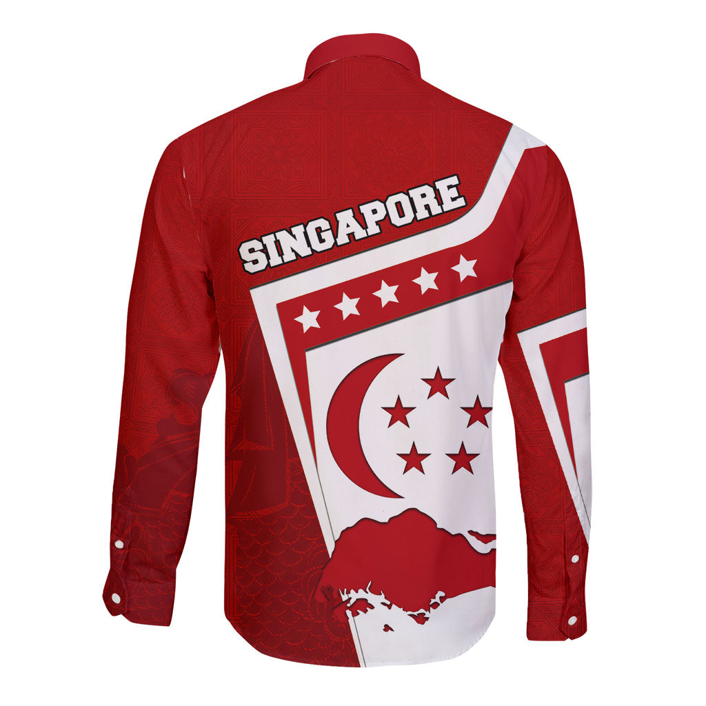 Singapore Merlion Long Sleeve Button Shirt National Flag Day Patriotic Crescent Moon And Stars