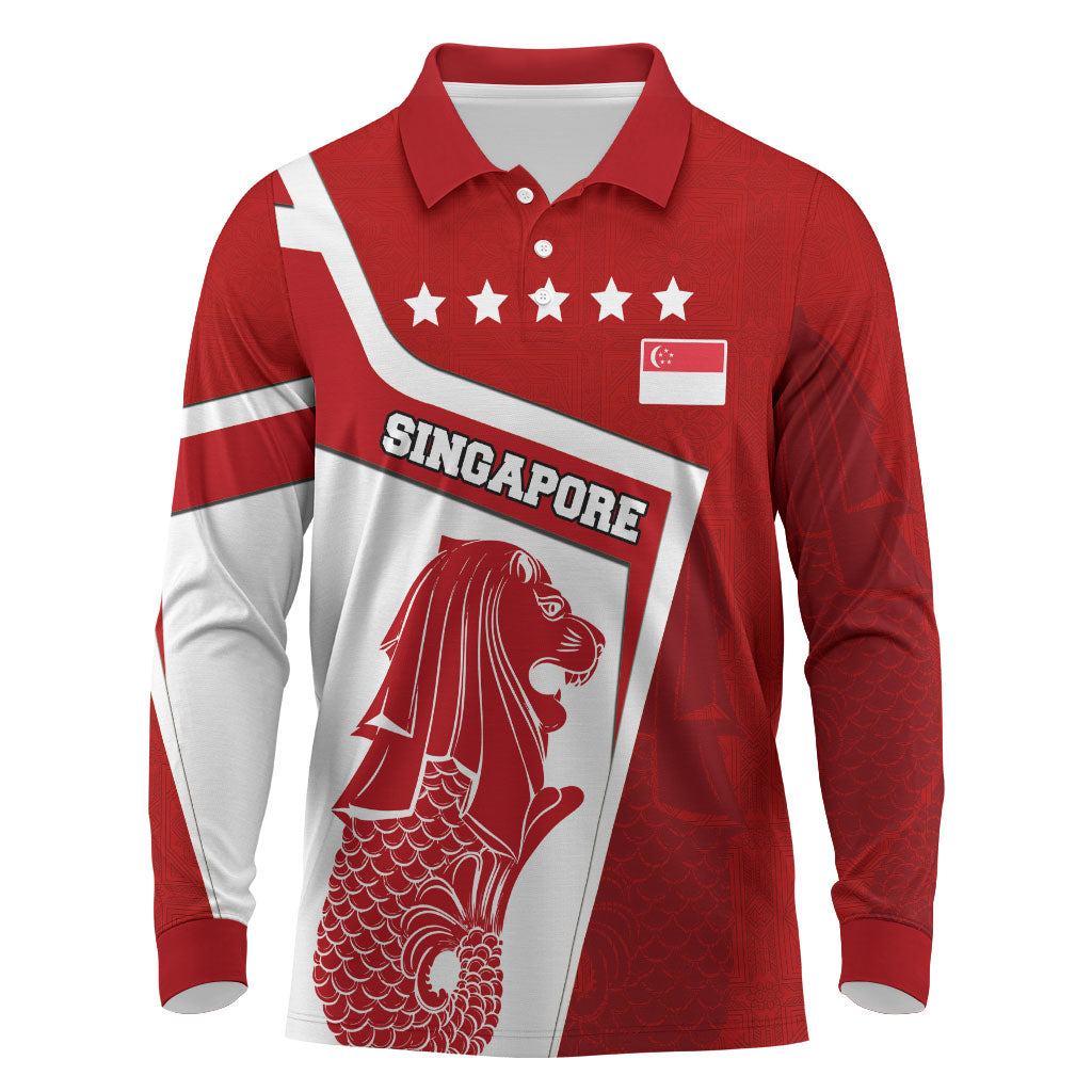 Singapore Merlion Long Sleeve Polo Shirt National Flag Day Patriotic Crescent Moon And Stars