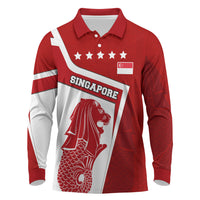 Singapore Merlion Long Sleeve Polo Shirt National Flag Day Patriotic Crescent Moon And Stars
