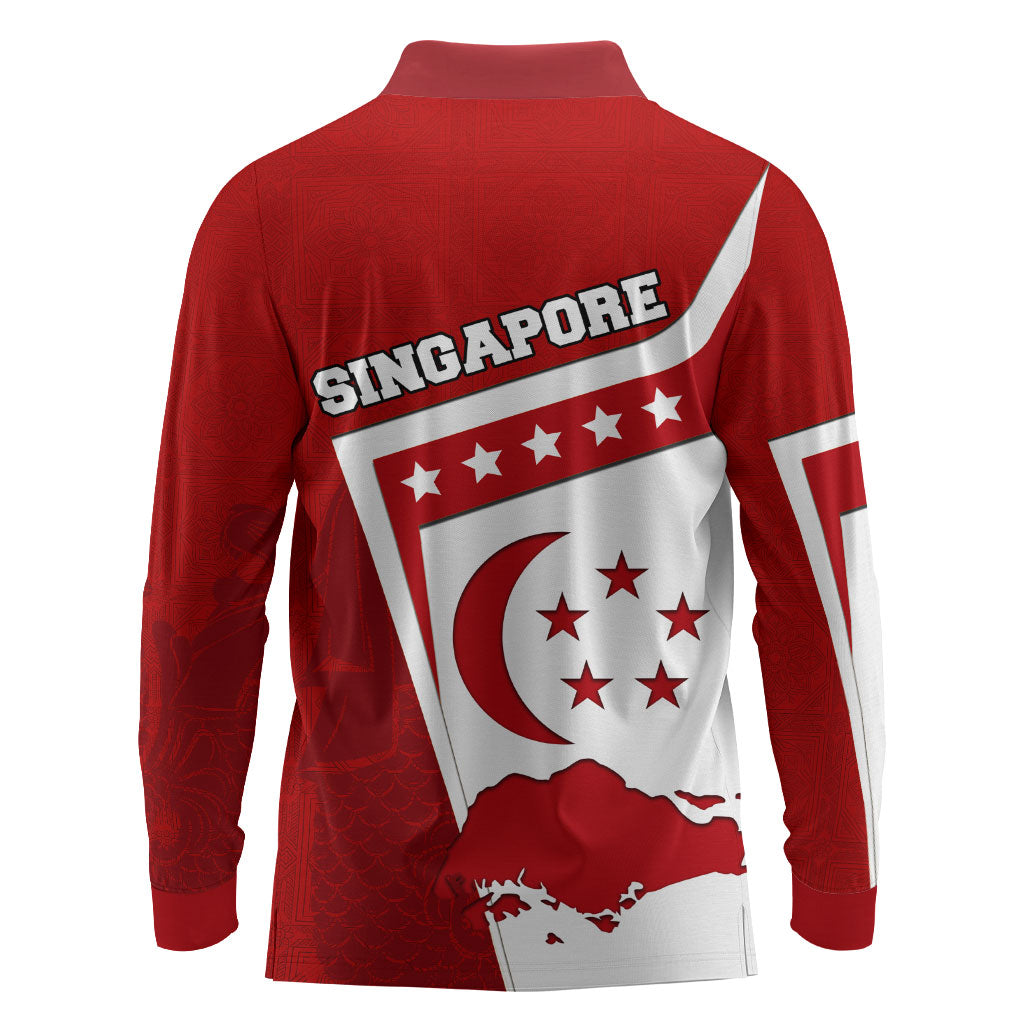 Singapore Merlion Long Sleeve Polo Shirt National Flag Day Patriotic Crescent Moon And Stars