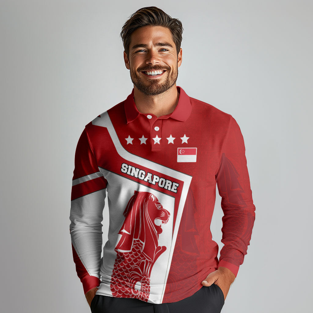 Singapore Merlion Long Sleeve Polo Shirt National Flag Day Patriotic Crescent Moon And Stars
