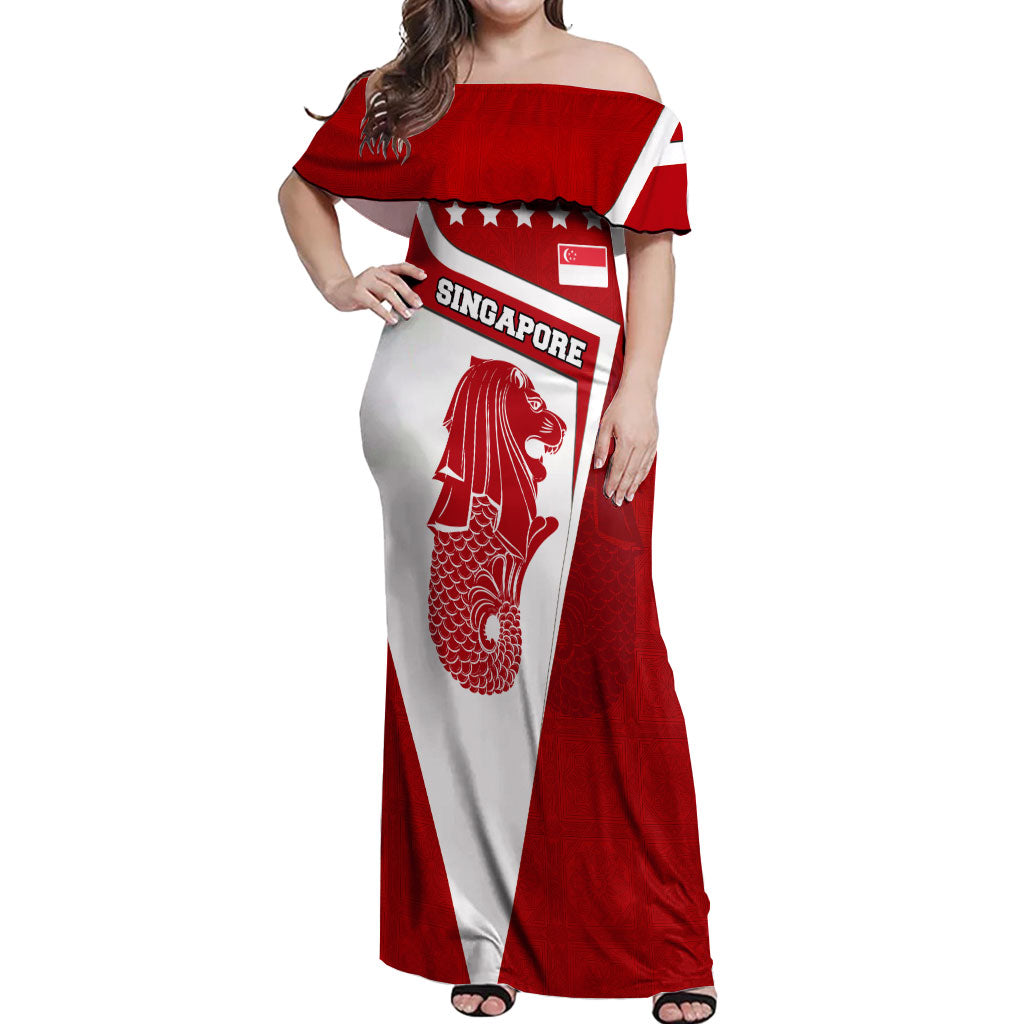 Singapore Merlion Off Shoulder Maxi Dress National Flag Day Patriotic Crescent Moon And Stars