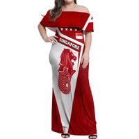 Singapore Merlion Off Shoulder Maxi Dress National Flag Day Patriotic Crescent Moon And Stars