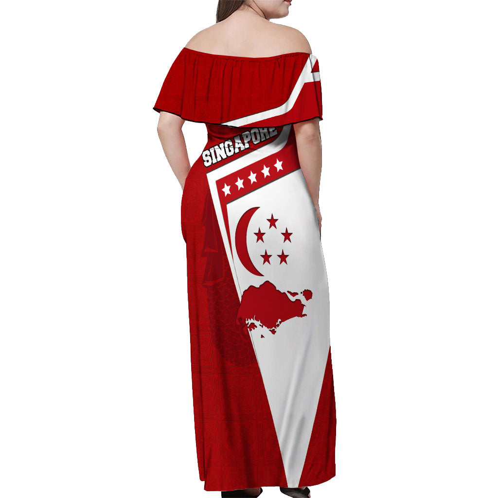 Singapore Merlion Off Shoulder Maxi Dress National Flag Day Patriotic Crescent Moon And Stars
