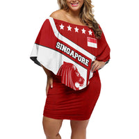 Singapore Merlion Off Shoulder Short Dress National Flag Day Patriotic Crescent Moon And Stars