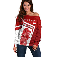 Singapore Merlion Off Shoulder Sweater National Flag Day Patriotic Crescent Moon And Stars