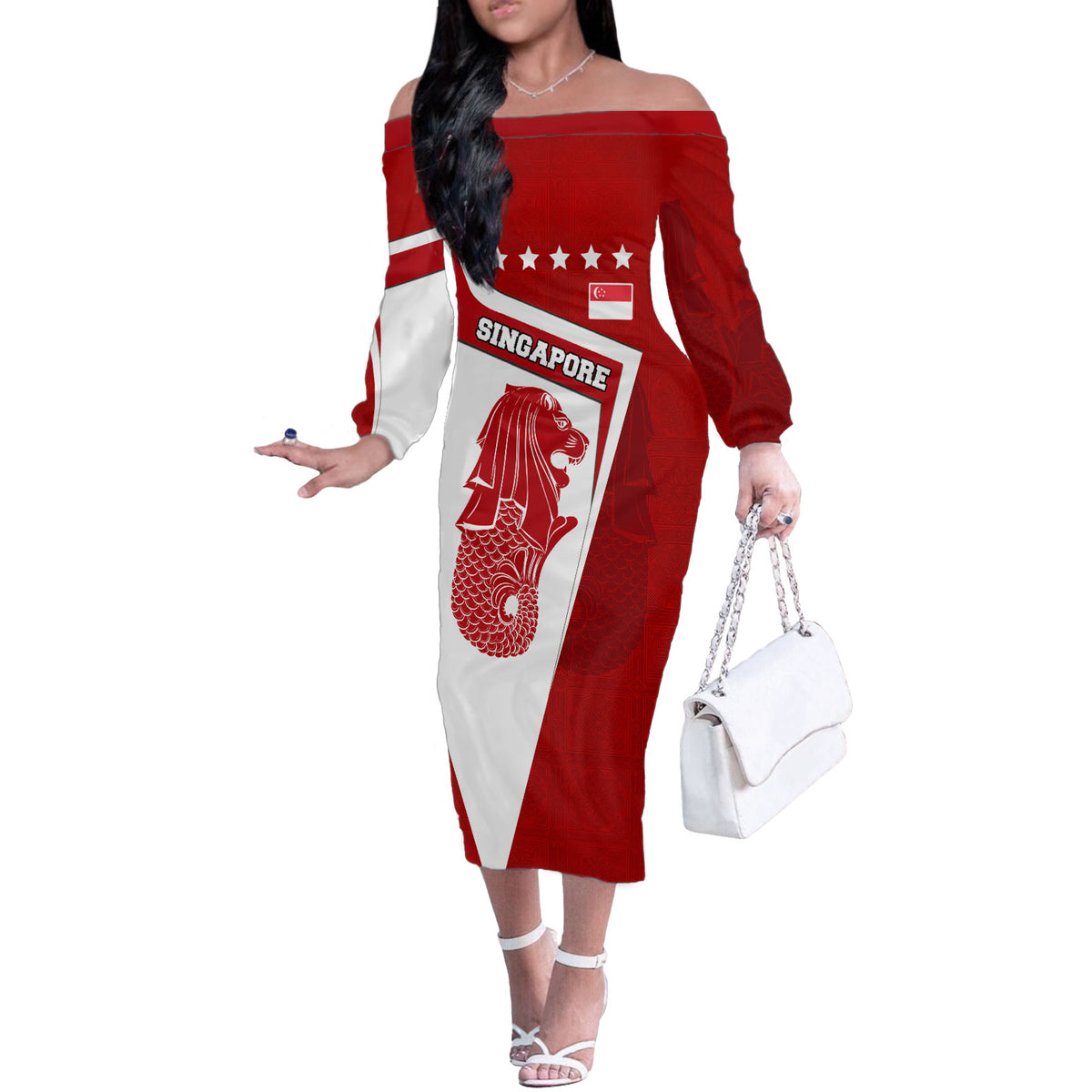 Singapore Merlion Off The Shoulder Long Sleeve Dress National Flag Day Patriotic Crescent Moon And Stars