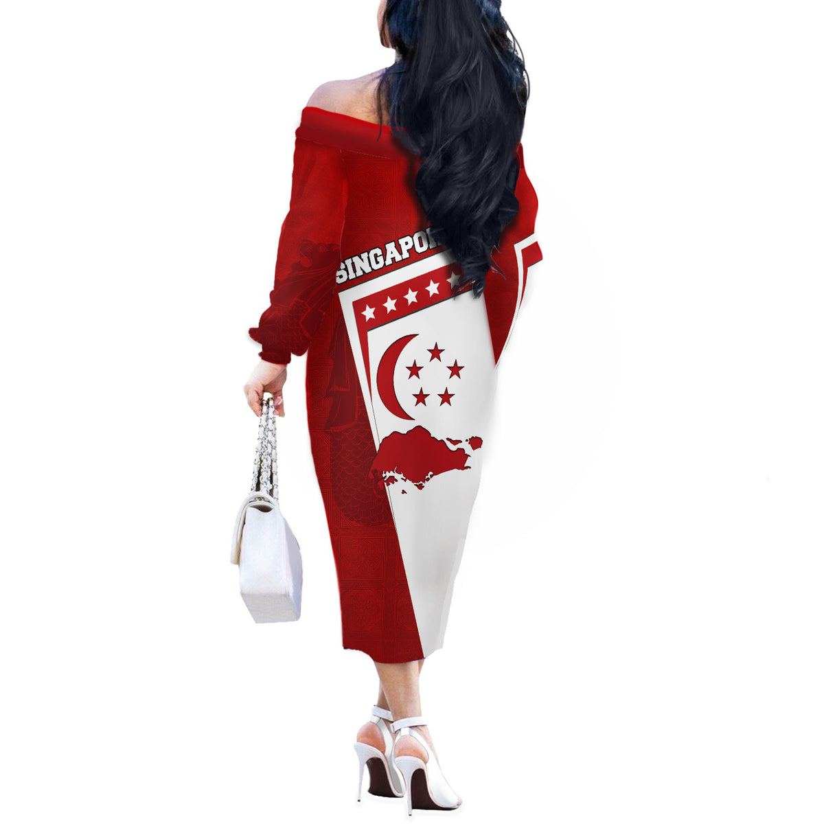 Singapore Merlion Off The Shoulder Long Sleeve Dress National Flag Day Patriotic Crescent Moon And Stars