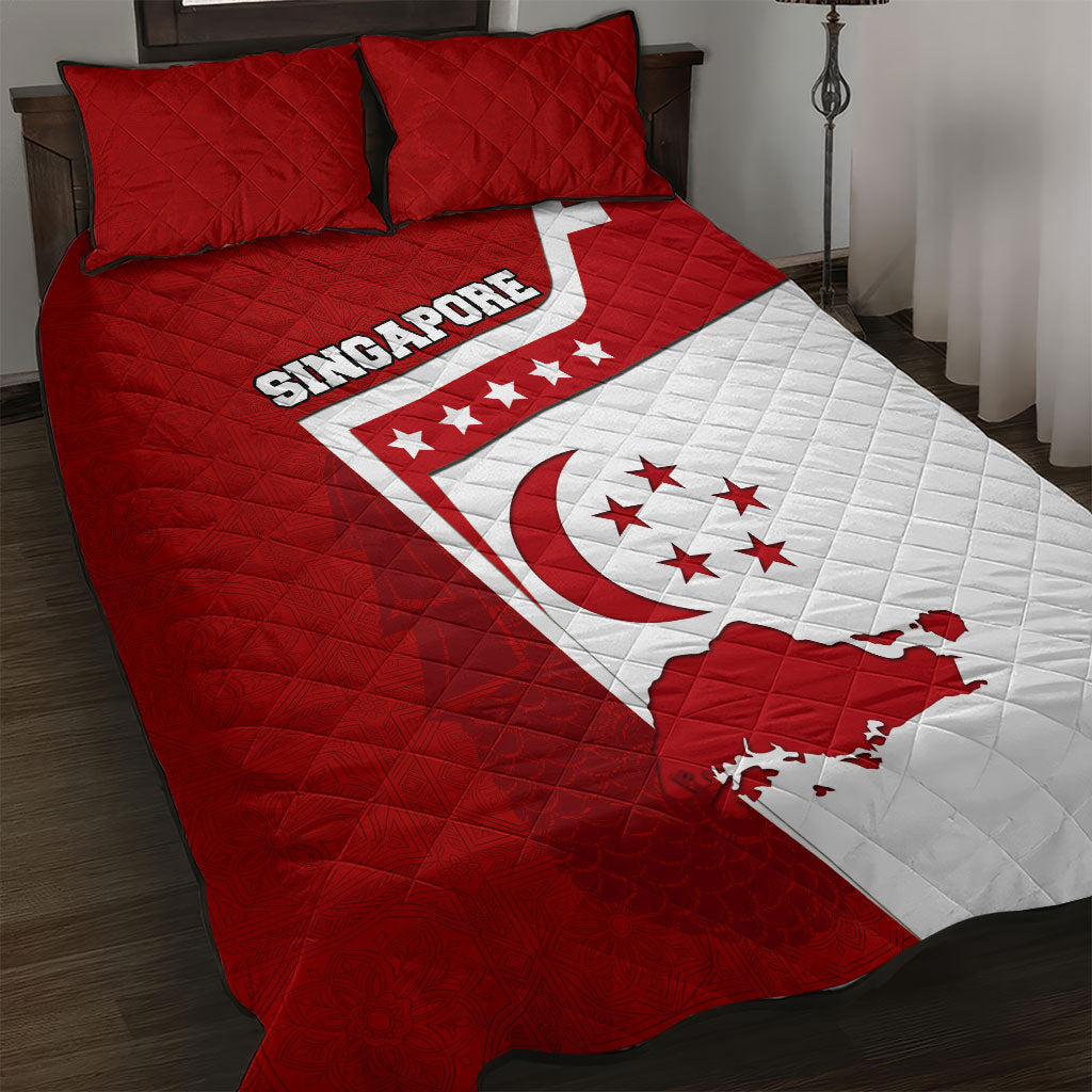 Singapore Merlion Quilt Bed Set National Flag Day Patriotic Crescent Moon And Stars
