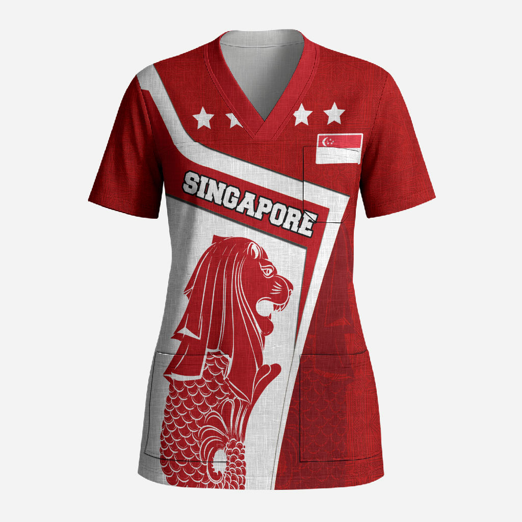 Singapore Merlion Scrub Top National Flag Day Patriotic Crescent Moon And Stars