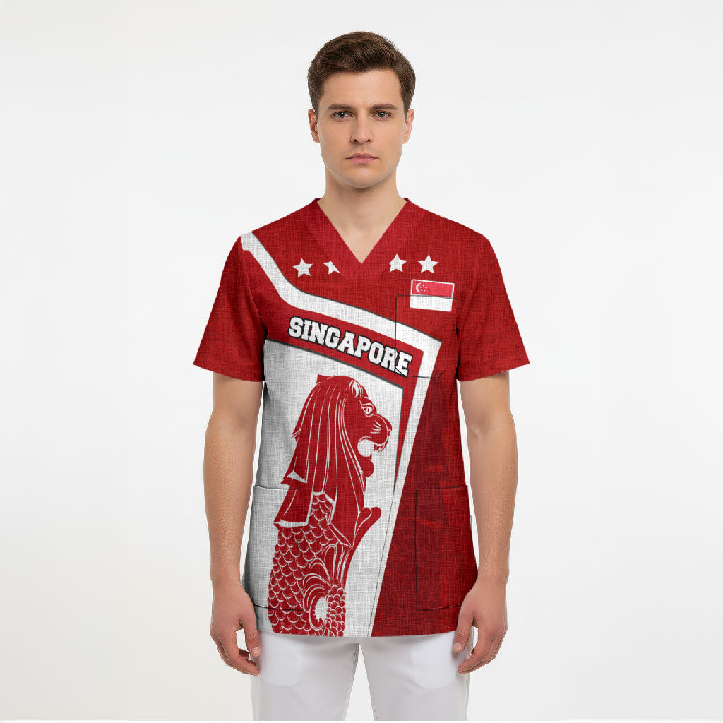 Singapore Merlion Scrub Top National Flag Day Patriotic Crescent Moon And Stars