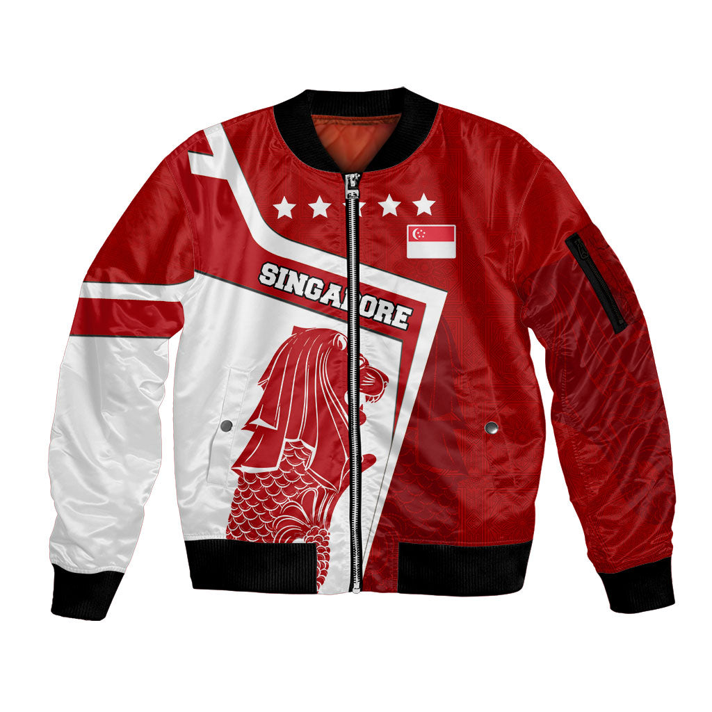 Singapore Merlion Sleeve Zip Bomber Jacket National Flag Day Patriotic Crescent Moon And Stars